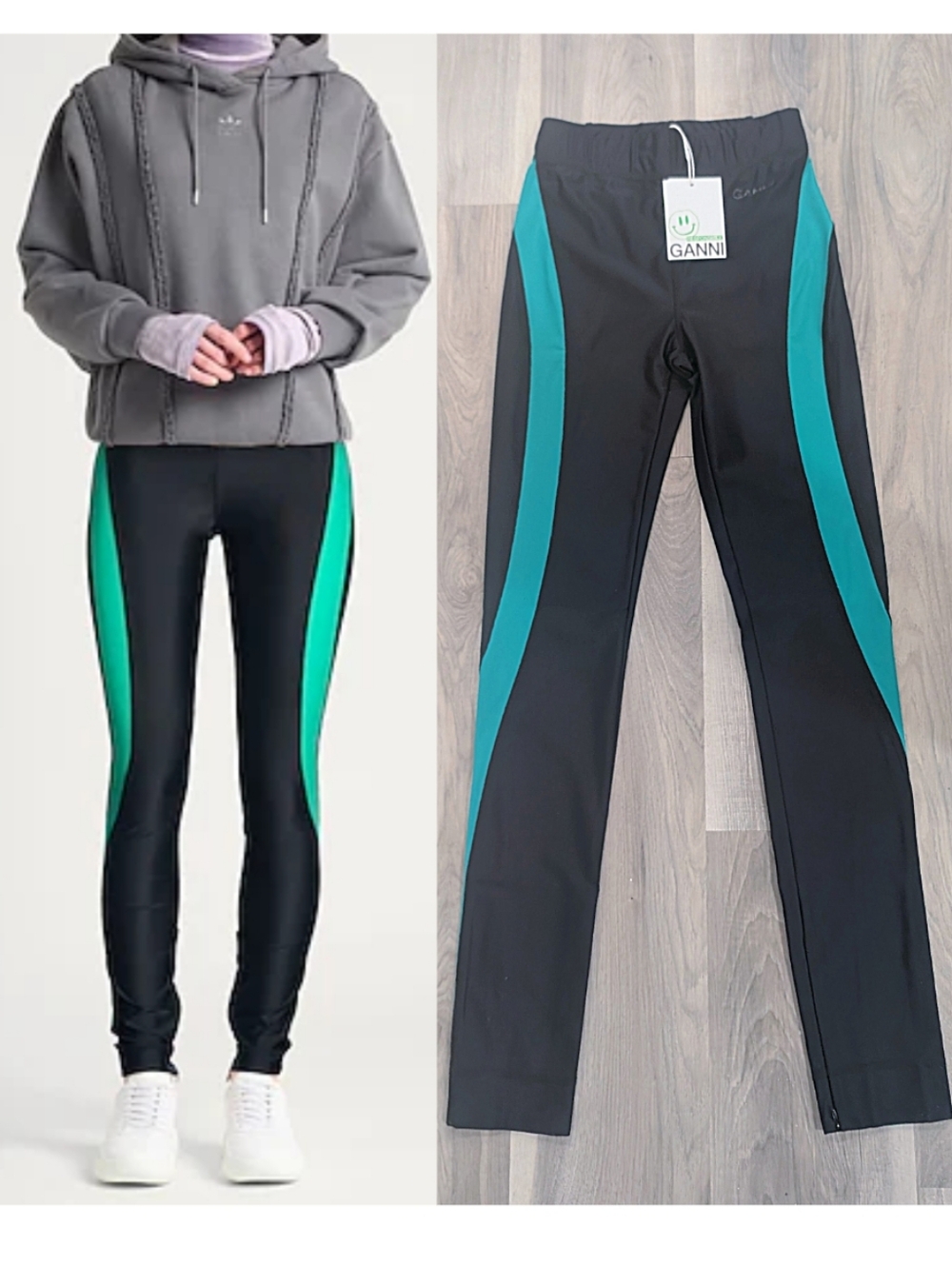 GANNI | High-Waist Colorblock Leggings In Black/Green